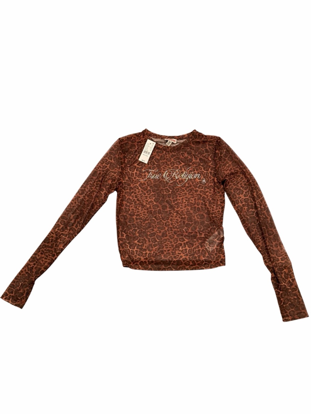True Religion Leopard Crystal Mesh Cropped Blouse Brown Pullover Long Sleeve M